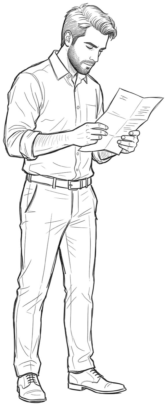 A business owner reading a departmental notice, shoulders dropped